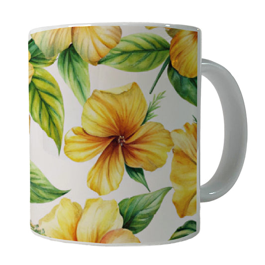 Yellow Hibiscus Flowers Watercolor Ceramic Tea Coffee Mug Cup - 11oz