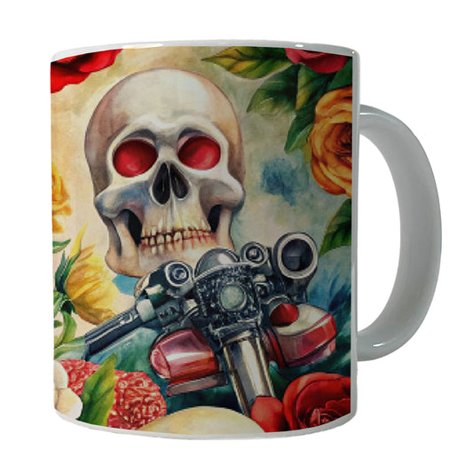 Biker Skulls And Roses Theme Watercolor Ceramic Tea Coffee Mug Cup - 11oz