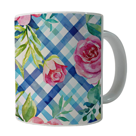 Preppy Pink Flowers Blue Gingham Plaid Ceramic Tea Coffee Mug Cup - 11oz