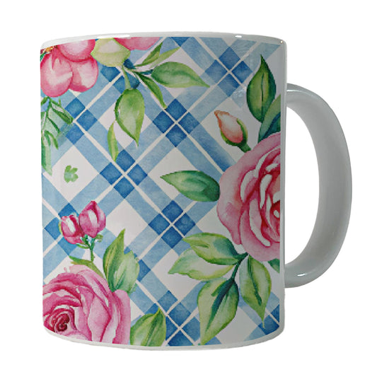 Pretty Pink Flowers Floral Blue Wallpaper Ceramic Tea Coffee Mug Cup - 11oz