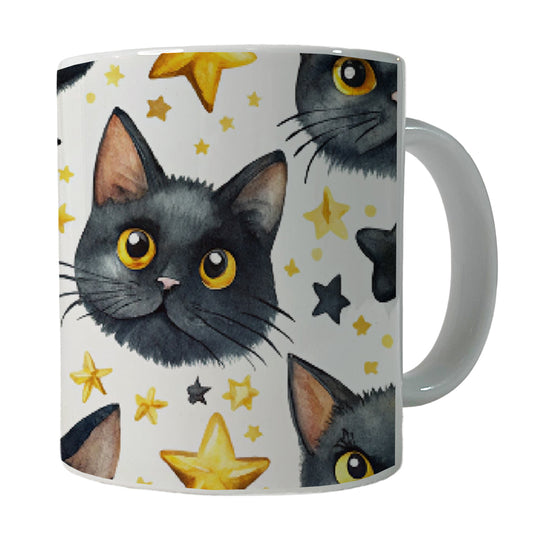 Sweet Black Cat Faces Yellow Stars Ceramic Tea Coffee Mug Cup - 11oz