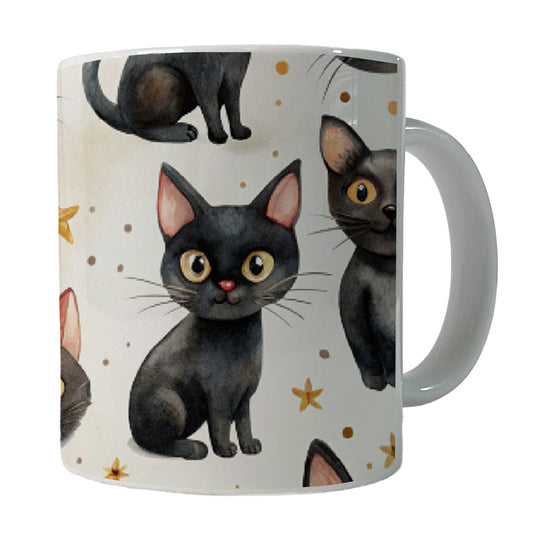 Sweet Black Cats Yellow Stars Ceramic Tea Coffee Mug Cup - 11oz