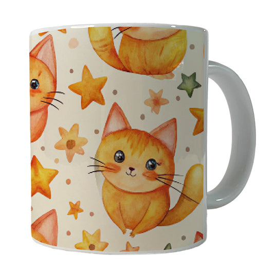 Sweet Orange Cats Yellow Stars Ceramic Tea Coffee Mug Cup - 11oz
