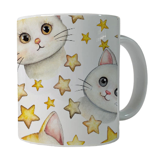 Sweet White Cats Yellow Stars Ceramic Tea Coffee Mug Cup - 11oz