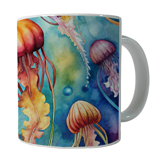 Lots Of Jellyfish Underwater Watercolor Ceramic Tea Coffee Mug Cup - 11oz