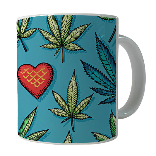 Marijuana Leaves And Hearts Blue Background Ceramic Tea Coffee Mug Cup - 11oz