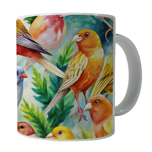 Many Colorful Canary Birds Watercolor Ceramic Tea Coffee Mug Cup - 11oz
