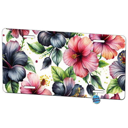 Black Pink Hibiscus Flowers Watercolor Metal Vanity Novelty Tag License Plate for Trucks Cars SUVs