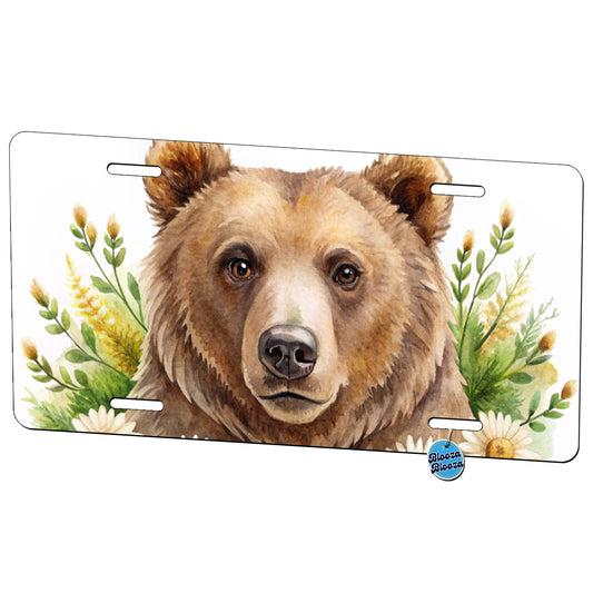 Brown Bear Watercolor Design With Daisies Metal Vanity Novelty Tag License Plate for Trucks Cars SUVs