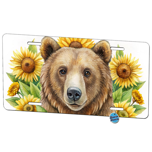 Brown Bear Watercolor Design With Sunflowers Metal Vanity Novelty Tag License Plate for Trucks Cars SUVs