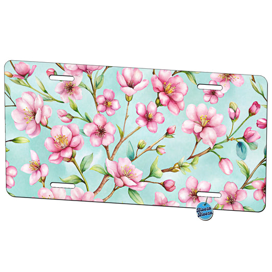 Cherry Blossom Flowers Light Blue Metal Vanity Novelty Tag License Plate for Trucks Cars SUVs
