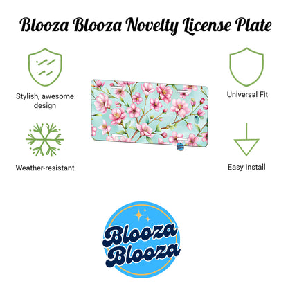 Cherry Blossom Flowers Light Blue Metal Vanity Novelty Tag License Plate for Trucks Cars SUVs