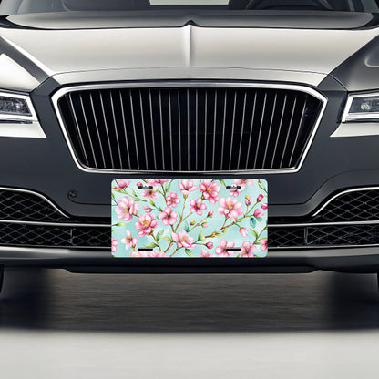 Cherry Blossom Flowers Light Blue Metal Vanity Novelty Tag License Plate for Trucks Cars SUVs