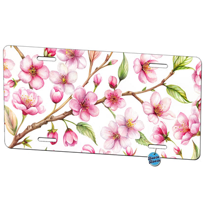 Cherry Blossom Flowers White Metal Vanity Novelty Tag License Plate for Trucks Cars SUVs