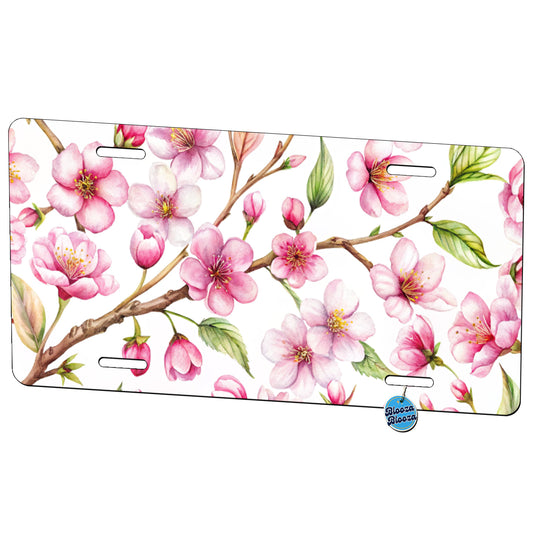 Cherry Blossom Flowers White Metal Vanity Novelty Tag License Plate for Trucks Cars SUVs