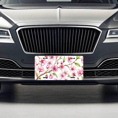 Cherry Blossom Flowers White Metal Vanity Novelty Tag License Plate for Trucks Cars SUVs