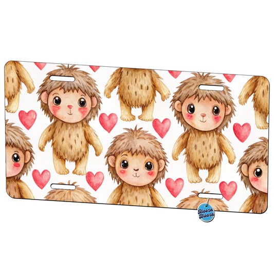 Chibi Sasquatch Big Foot Hearts Watercolor Metal Vanity Novelty Tag License Plate for Trucks Cars SUVs