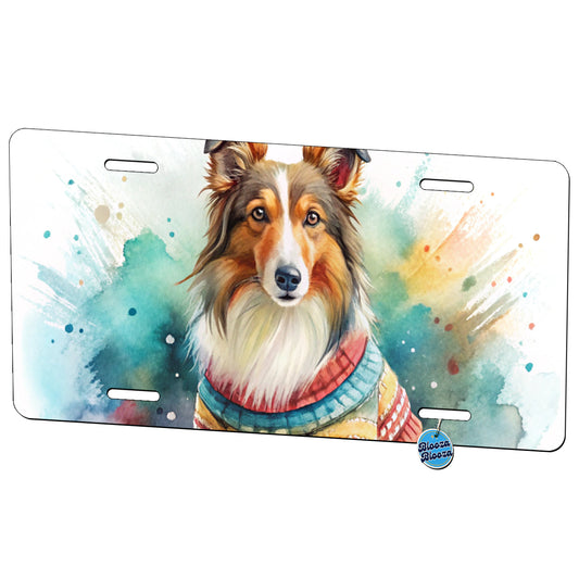 Collie Dog Wearing A Sweater Watercolor Metal Vanity Novelty Tag License Plate for Trucks Cars SUVs