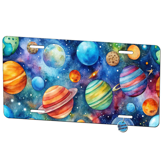 Colorful Planets In Space Watercolor Metal Vanity Novelty Tag License Plate for Trucks Cars SUVs