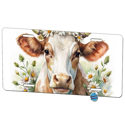 Cow Watercolor With Daisies Metal Vanity Novelty Tag License Plate for Trucks Cars SUVs