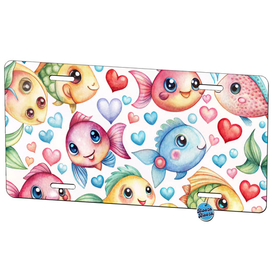Cute Fish Faces Hearts Watercolor Metal Vanity Novelty Tag License Plate for Trucks Cars SUVs