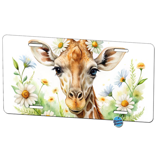 Giraffe Watercolor Design With Daisies Metal Vanity Novelty Tag License Plate for Trucks Cars SUVs