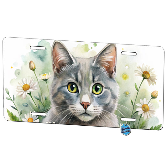Gray Cat Watercolor Design With Daisies Metal Vanity Novelty Tag License Plate for Trucks Cars SUVs