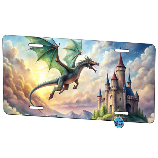 Green Dragon Flying Over Castle Watercolor Fantasy Metal Vanity Novelty Tag License Plate for Trucks Cars SUVs