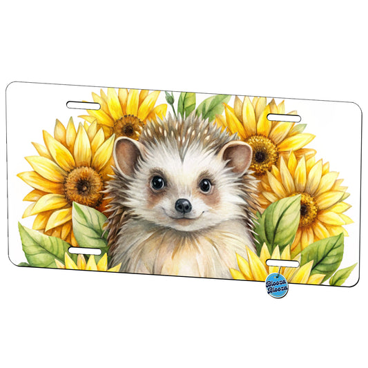 Hedgehog Watercolor Design With Sunflowers Metal Vanity Novelty Tag License Plate for Trucks Cars SUVs