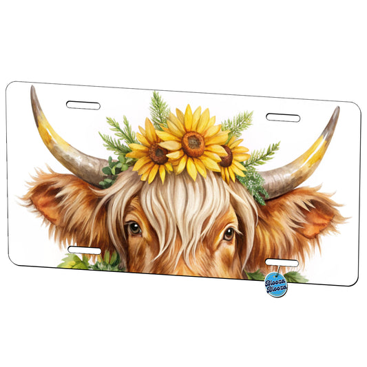 Highland Cow Watercolor Design With Sunflowers Metal Vanity Novelty Tag License Plate for Trucks Cars SUVs