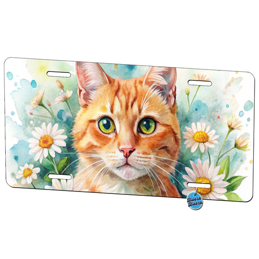 Orange Cat Watercolor Design With Daisies Metal Vanity Novelty Tag License Plate for Trucks Cars SUVs