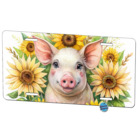 Pig In Sunflowers Watercolor Design Metal Vanity Novelty Tag License Plate for Trucks Cars SUVs