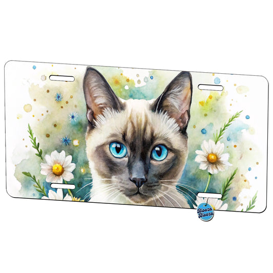 Siamese Cat Watercolor Design With Daisies Metal Vanity Novelty Tag License Plate for Trucks Cars SUVs