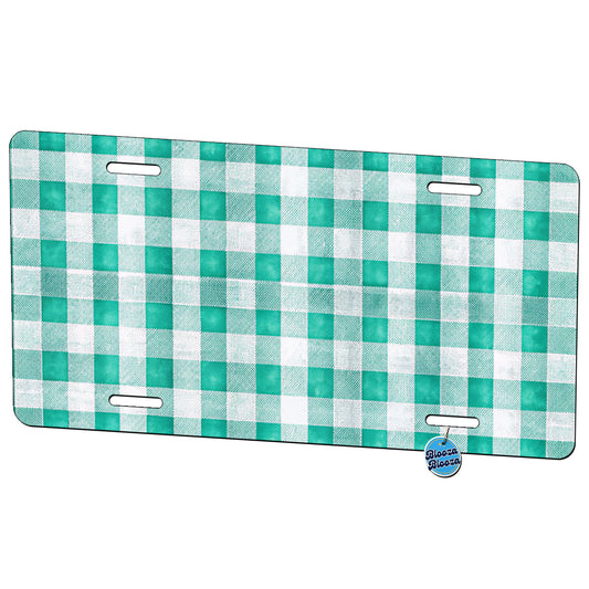 Teal White Gingham Watercolor Metal Vanity Novelty Tag License Plate for Trucks Cars SUVs