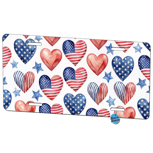 USA American Flags Hearts 4th of July Patriotic Watercolor Metal Vanity Novelty Tag License Plate for Trucks Cars SUVs