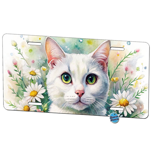 White Cat Watercolor Design With Daisies Metal Vanity Novelty Tag License Plate for Trucks Cars SUVs