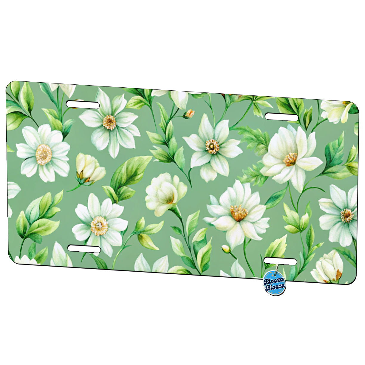 White Flowers Green Background Metal Vanity Novelty Tag License Plate for Trucks Cars SUVs