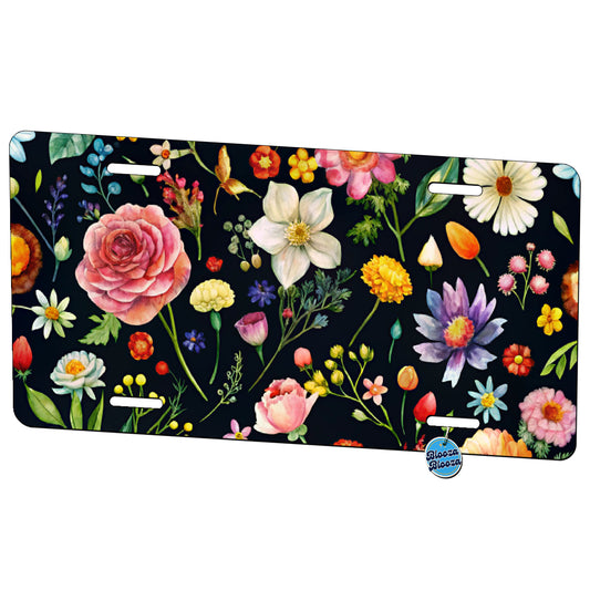 Flowers Black Background Watercolor Metal Vanity Novelty Tag License Plate for Trucks Cars SUVs