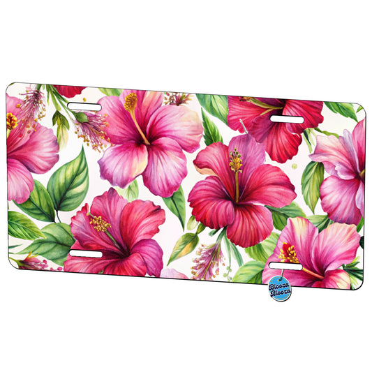 Fuchsia Hibiscus Flowers Watercolor Metal Vanity Novelty Tag License Plate for Trucks Cars SUVs
