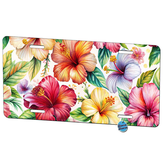 Hibiscus Tropical Flowers Watercolor Metal Vanity Novelty Tag License Plate for Trucks Cars SUVs