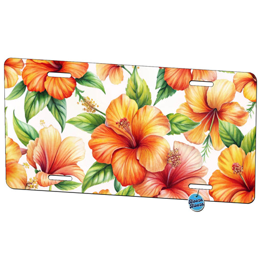 Orange Hibiscus Flowers Watercolor Metal Vanity Novelty Tag License Plate for Trucks Cars SUVs