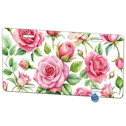 Pink Roses Flowers Watercolor Metal Vanity Novelty Tag License Plate for Trucks Cars SUVs