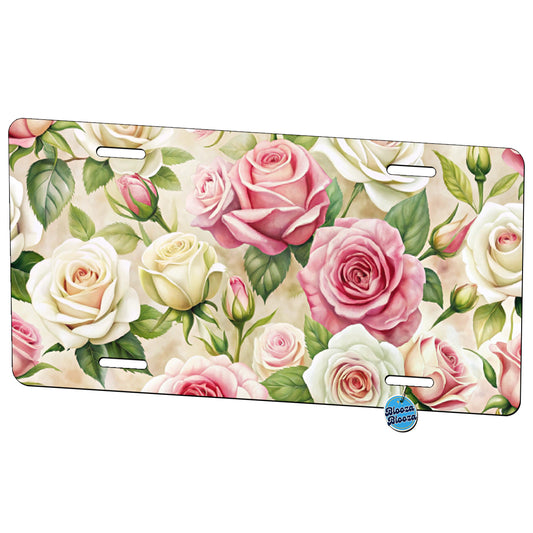 Pink White Roses Flowers Watercolor Metal Vanity Novelty Tag License Plate for Trucks Cars SUVs