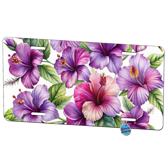 Purple Hibiscus Flowers Watercolor Metal Vanity Novelty Tag License Plate for Trucks Cars SUVs