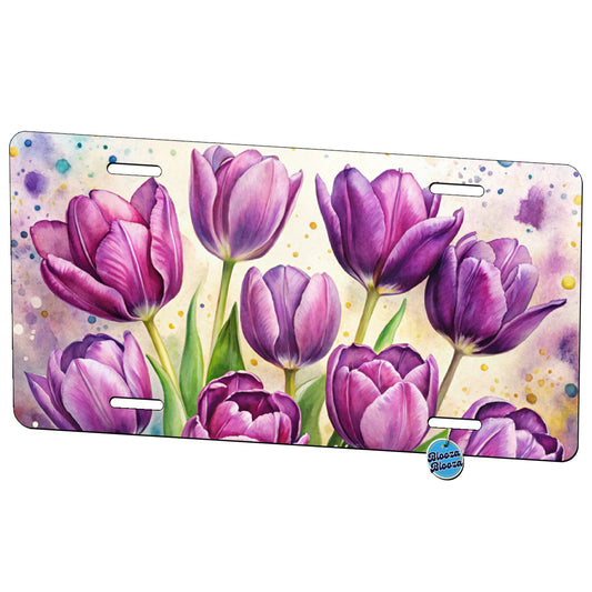 Purple Tulips Flowers Watercolor Metal Vanity Novelty Tag License Plate for Trucks Cars SUVs