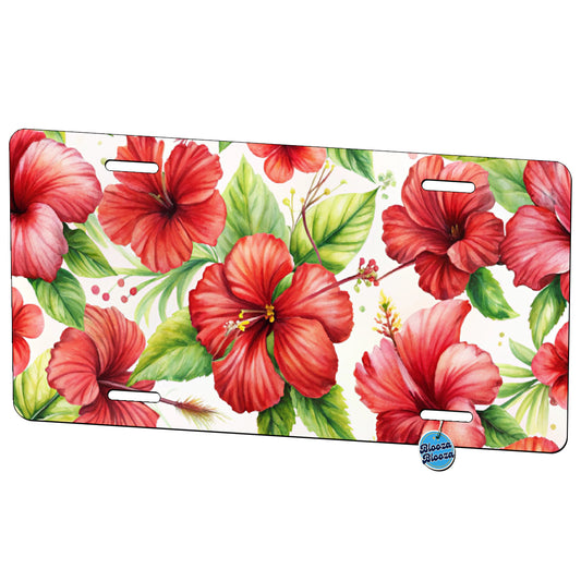 Red Hibiscus Flowers Watercolor Metal Vanity Novelty Tag License Plate for Trucks Cars SUVs