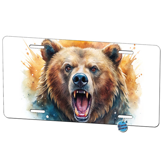 Angry Mad Grizzly Bear Watercolor Metal Vanity Novelty Tag License Plate for Trucks Cars SUVs