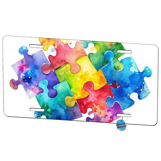Autism Awareness Acceptance Puzzle Pieces Watercolor Metal Vanity Novelty Tag License Plate for Trucks Cars SUVs