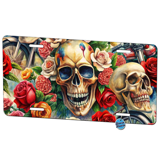Biker Skulls And Roses Theme Watercolor Metal Vanity Novelty Tag License Plate for Trucks Cars SUVs