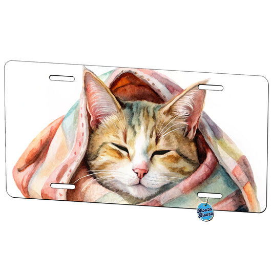 Cat Snuggling In Blanket Watercolor Metal Vanity Novelty Tag License Plate for Trucks Cars SUVs